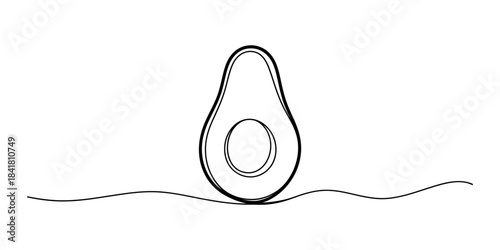 Single line drawing of a halved avocado with pit, on a simple wavy line, representing organic food and healthy lifestyle. Vector, illustration