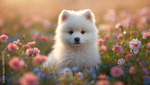 A fluffy white samoyed puppy sitting peacefully between blooming carnations and forget-me-nots in warm sunlight