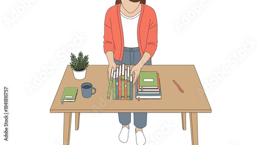 Illustration of a person organizing books and supplies on a wooden table, minimalist style