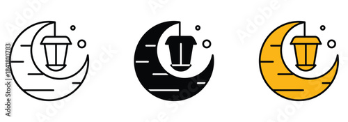 Stunning crescent moon and hanging lantern icon set celebrating religious holidays and night festivities