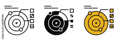 Modern dashboard interface elements showing concentric circles with data points and status indicators for analysis