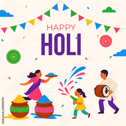 Joyful Holi scene with people playing dhol, spraying colored water, and holding gulal plates. Bright powders, festive flags, and traditional pots create a vibrant celebration.