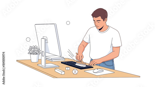 Man cleaning a keyboard on a desk workspace, cleaning the office supplies illustration