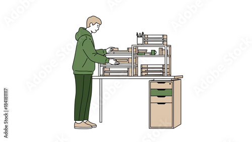 Illustration of a person working at their desk organizing papers in the home office