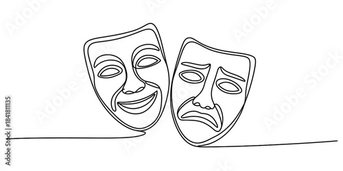 Two abstract continuous line art masks, representing comedy and tragedy, isolated on a white background. Vector, illustration