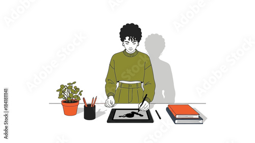 Illustration of a person working on a graphic tablet at a desk with a plant and books
