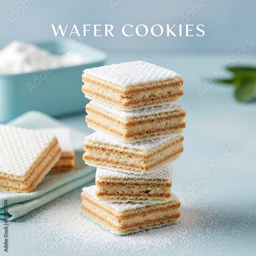 A stack of wafer cookies with white icing and a light brown filling on a blue surface