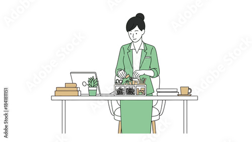 Illustration of a professional woman at her desk organizing stationary and working, office theme