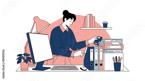 Illustration of a professional woman at her desk multitasking in a cute office setting