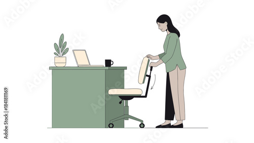Illustration of a woman adjusting her office chair near a desk with a laptop and plant