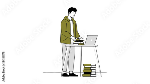 Illustration of a student using a laptop and books on a desk doing work