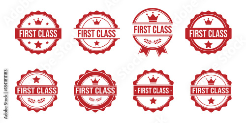 First Class Badges A collection of meticulously designed emblems, each proclaiming First Class with refined elegance, hinting at premium quality.