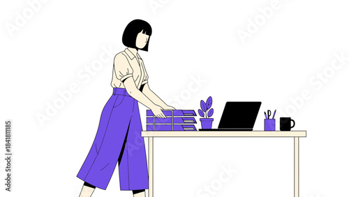 Illustration of a woman at a desk with a computer, files, and a plant