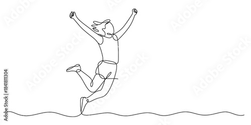Energetic single line drawing of a person jumping with arms raised triumphantly against a white background, symbolizing joy and success. Vector, illustration