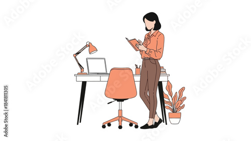 Illustration of a woman at her desk, reading a book, in a minimalist style
