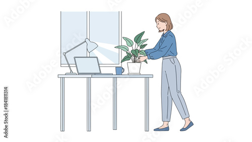 Illustration of a woman caring for a houseplant in a home office setting