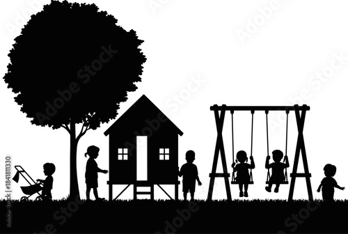 Vector silhouette of children playing in the park with a playhouse swings and large tree representing childhood fun and outdoor kindergarten activities isolated