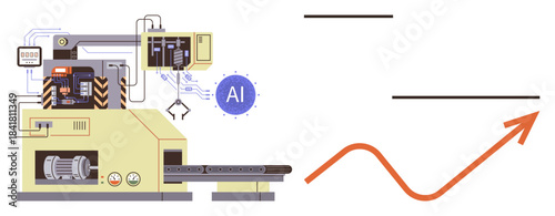 Factory machine with AI integration, predictive growth arrow, and streamlined operations. Ideal for automation, innovation, productivity, technology, industrial progress data analysis efficiency. A