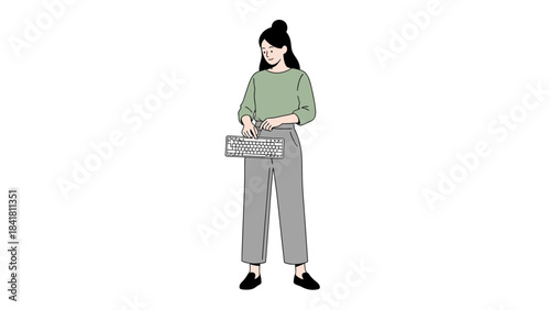 Illustration of a woman holding a keyboard concept related to technology and work lifestyle
