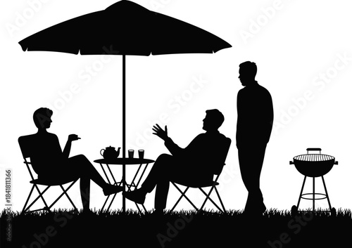 Vector silhouette of friends having a summer barbecue or picnic sitting under an umbrella talking next to a portable grill outdoor leisure activity