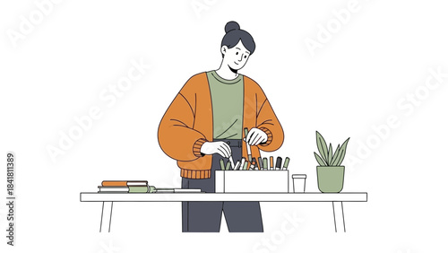 Illustration of a woman organizing art supplies on a desk in a clean and modern style