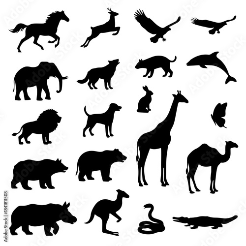Set of animal silhouettes vector illustration of wildlife and farm animals