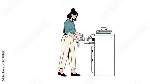 Illustration of a woman tidying a desk drawer simple line art minimal style