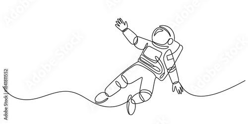 Continuous one line drawing of an astronaut floating gracefully in space and waving hand. spaceman concept of futuristic space exploration, discovery, and innovation journey. Vector, illustration