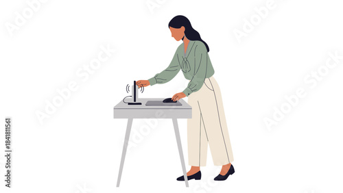 Illustration of a woman using a computer at a desk, simple, modern workplace design