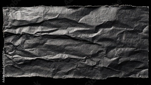 Textured crumpled dark grey paper with rough torn edges background