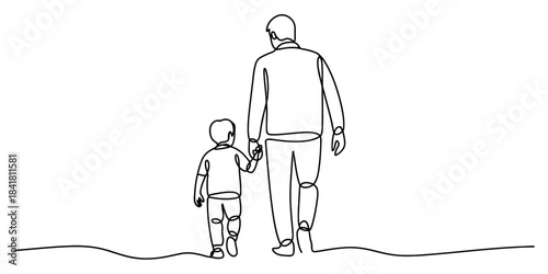 Father and son walking together, holding hands, captured in a minimalist single line drawing art style, symbolizing family bond and togetherness on white background Vector, illustration
