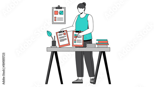 Illustration of a woman working at a desk, reviewing documents and using a clipboard