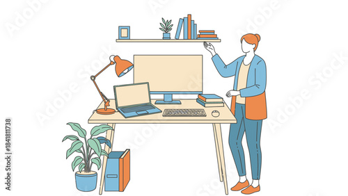 Illustration of a woman working at a desk with a computer, laptop, and plant in a home office