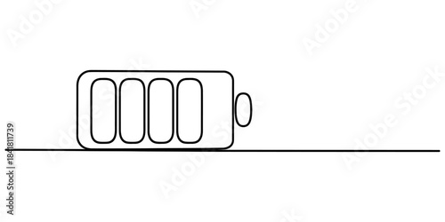 Continuous line drawing of a fully charged battery icon with four visible segments, symbolizing power, energy, full capacity, and readiness for use. vector graphic on white. Vector, illustration