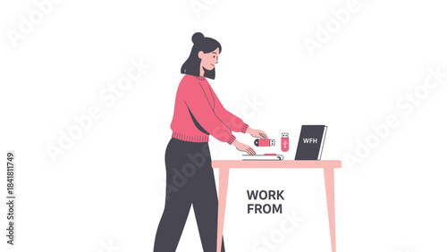 Illustration of a woman working from home using a laptop and usb flash drives