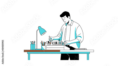 Illustrator working in his studio, drawing with art supplies, creative process.