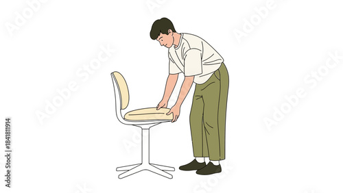 Man adjusting a chair in a minimalist illustration for design or interior themes