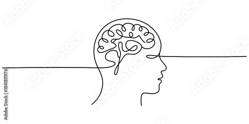 Continuous line art drawing of a human head silhouette in profile with a brain, symbolizing intelligence, thought, creativity, mental health, and consciousness. Vector, illustration