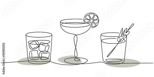 Elegant continuous line art drawing showcasing a collection of refreshing alcoholic and non-alcoholic beverages: a drink with ice, a cocktail with citrus, and a garnished glass. Vector, illustration