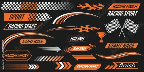 Racing Graphics Elements A vibrant and dynamic collection of racing-themed graphic elements, perfect for conveying speed, competition, and adrenaline, featuring bold lines, checkered flags, flames.
