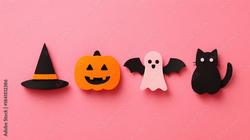 Fototapeta premium Felt halloween decorations: witch hat, pumpkin, ghost, black cat pink