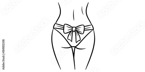 Elegant black line art illustration of a woman's slender lower back and buttocks, showcasing a stylish bikini bottom with a prominent decorative bow knot design. Vector, illustration