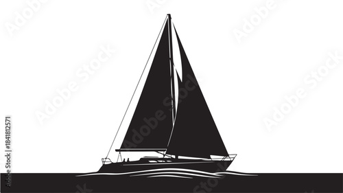 Sailboat Black Silhouette Sailing on Water Isolated on White Vector Illustration