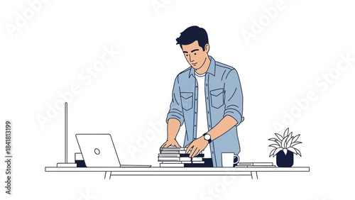 Man organizing books on a desk, next to a laptop computer and a coffee mug