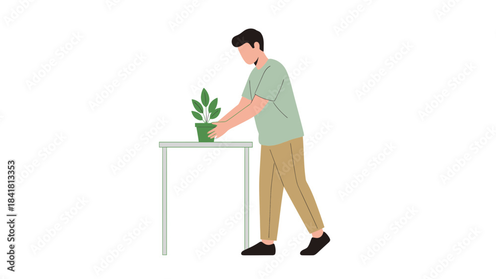 Fototapeta premium Man setting plant on a table in vector illustration, concept of the environment