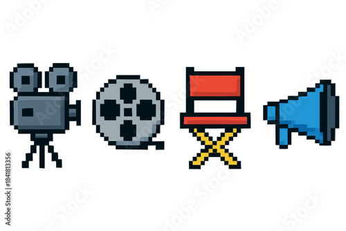 Pixel art movie icons: camera, film reel, director's chair, and megaphone