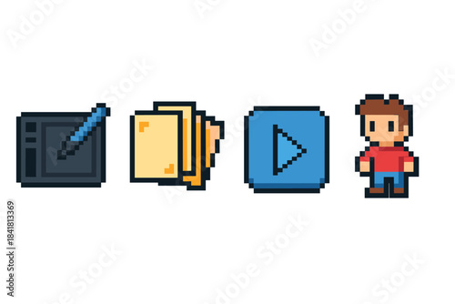 Pixel art animation tools and character with tablet, layers, and play button