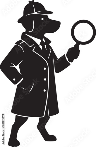 Black Silhouette of a Dog Wearing a Detective Hat and Coat Holding a Magnifying Glass 2