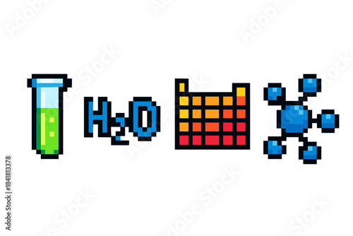 Pixel art science icons featuring test tube, water molecule, graph, atomic structure