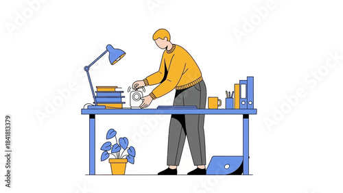 Man setting radio on a desk, modern illustration for business or office concepts
